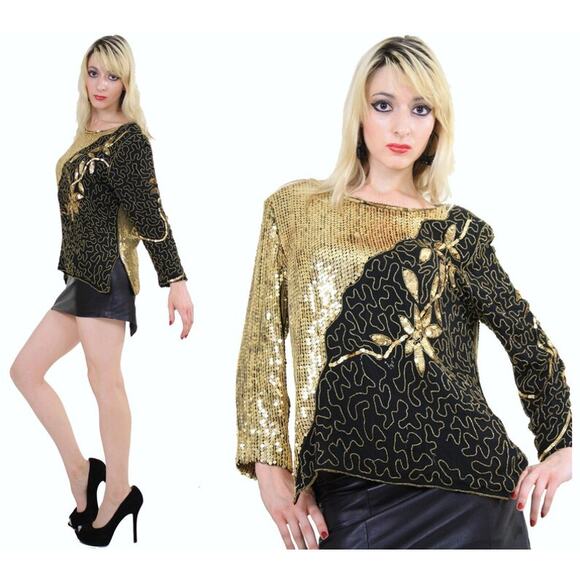 Jean for Joseph Le Bon 100% Silk Sequin Top Size Medium Gold Black Colorblock - Picture 1 of 16